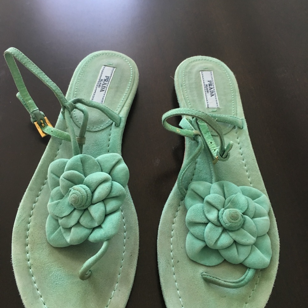 Prada Teal Suede Sandals w/ Flower Accent - Picture 4 of 6